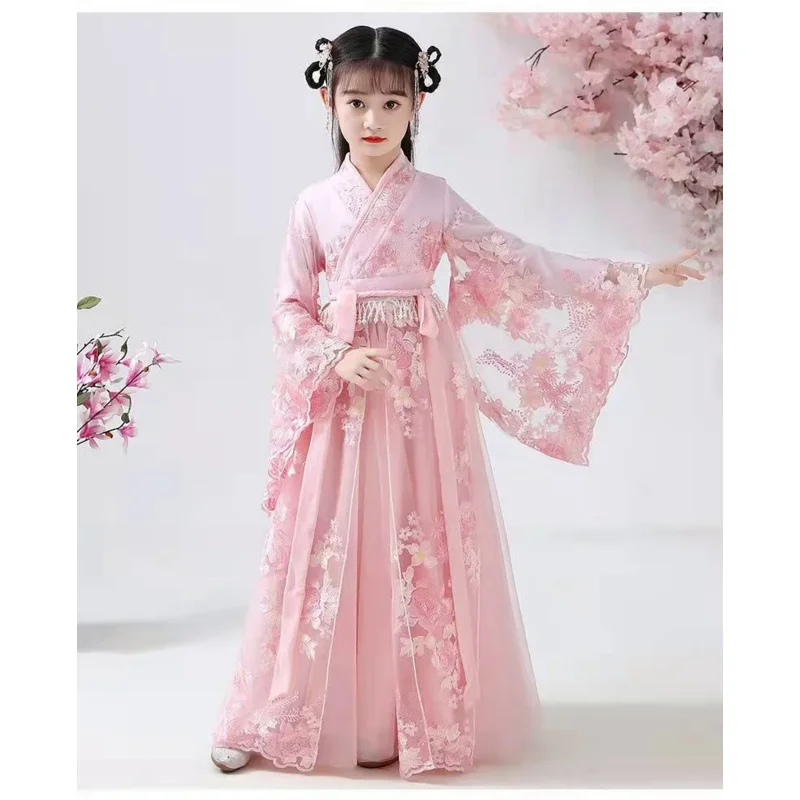 Chinese traditional folk dance dress girls pink dance costume Hanfu girls princess dresses set kids party cosplay clothing