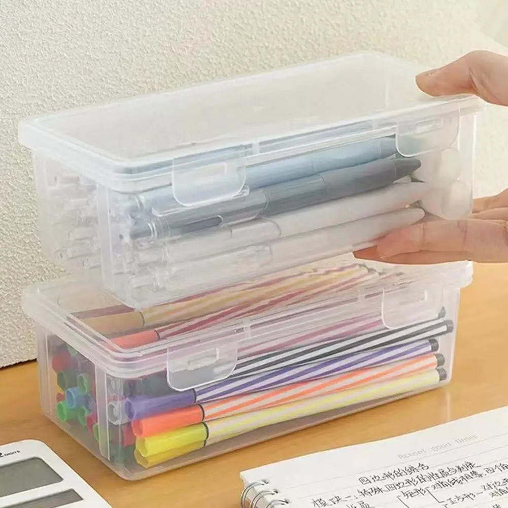 19*9cm Pencil Box Transparent Design Stackable Pencil Organizer Snap-on Lid Pencil Container Translucent Pen Case School Supply