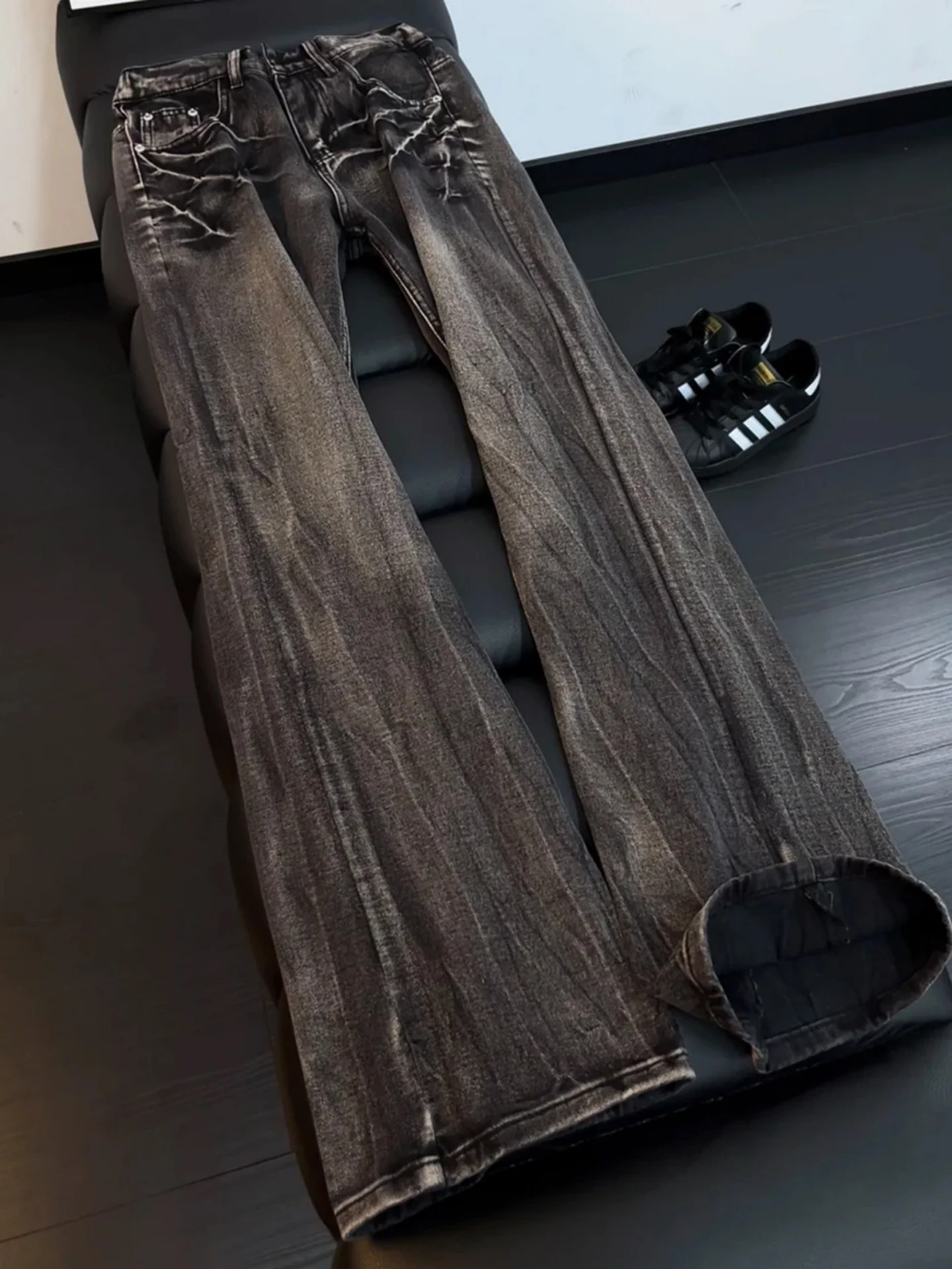 Cleanfit Men's Straight Leg Jeans Black Lightning Bolt Pattern High Street Design Micro Flare Denim Pants Fashionable Urban Wear