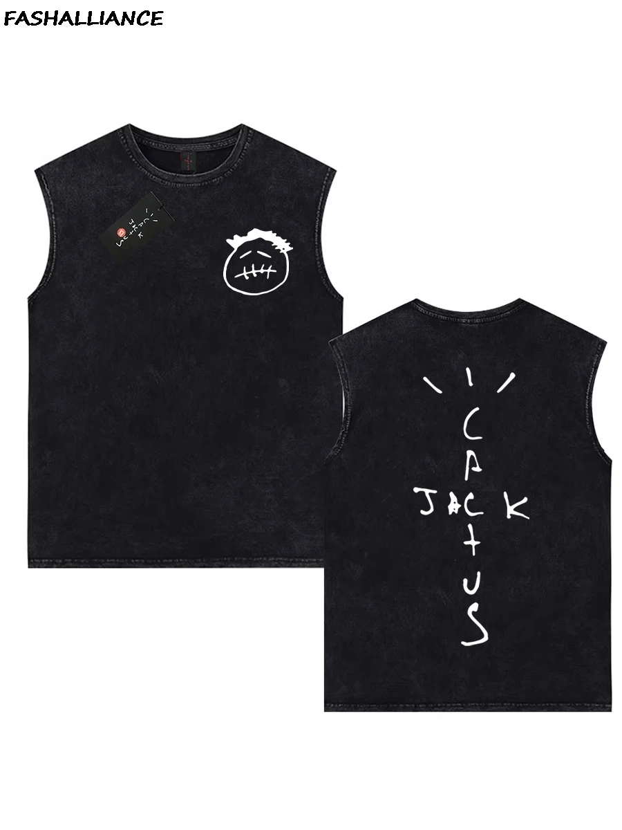 100% Cotton Oversized Tank Tops Washed Hip Hop Gothic Vintage Men cactus jack Sleeveless T Shirt look mom i can fly Tees K24