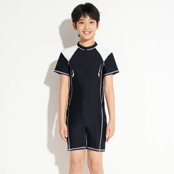 Boys Swimwear One Piece Suit Short Sleeve Dark Blue Patchwork 9-16 Years Teenager Boy Student Competition Bathing Suit
