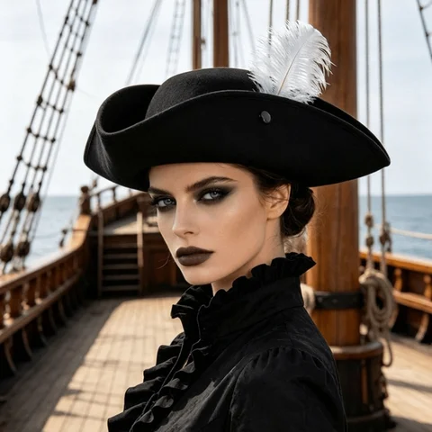 Feather Decorated Pirate Captain Hat Classic Retro Wide Brim Costume Hat Soft Inner Lining Medium-Short Brim Pirate Feathers Hat