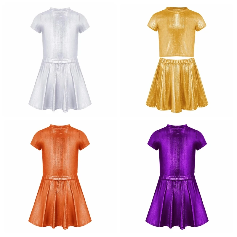 Kids Girls Cheerleading Disco Costumes Metallic Ribbed Jazz Dance Outfit for Rave Party Festival Hip Hop Performance Streetwear