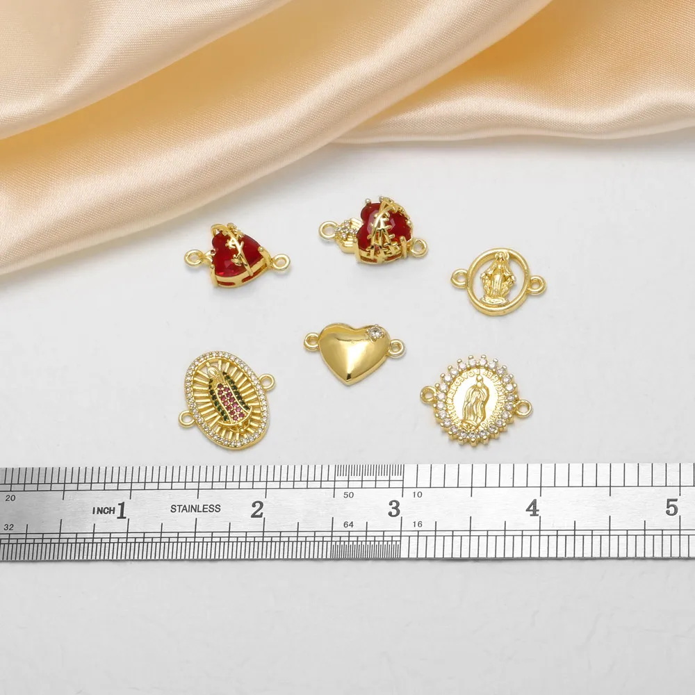 OCESRIO Virgin Mary CZ Red Heart Sacred Heart Charm for Bracelet Copper Gold Plated Connector Jewelry Making Component chma675