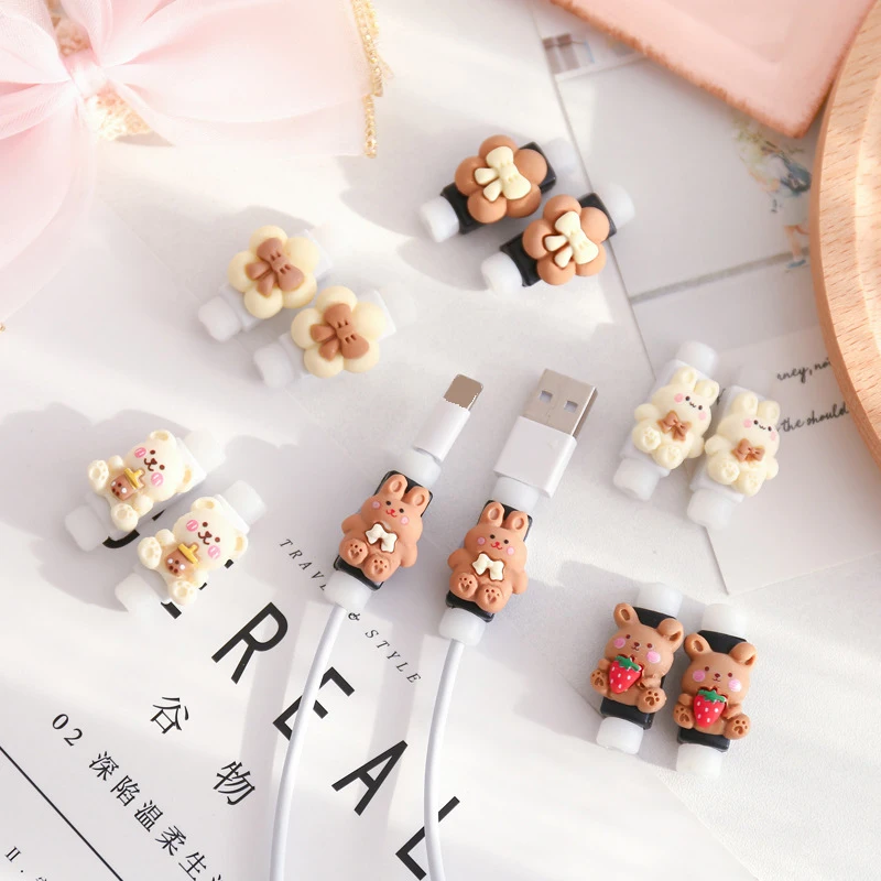 Cute Data Line Protective Sleeve Durable Wear-resistant Breathable Cable Protector Cover Kawaii Bear Rabbit Charger Cord Winder