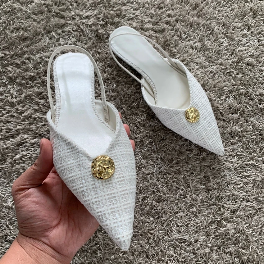 2025 Woman White Fabric High Heels Chic Metal Inlaid Slingback Kitten Heel Shoes Summer Elegant Female Office Low Heels Sandals