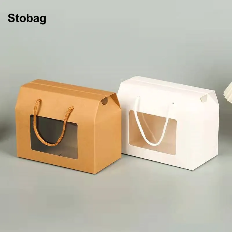 

StoBag 12pcs Kraft Paper Gift Packaging Tote Box with Window Cake Candy Cookies Baking Handmade Present Favors Party Birthday