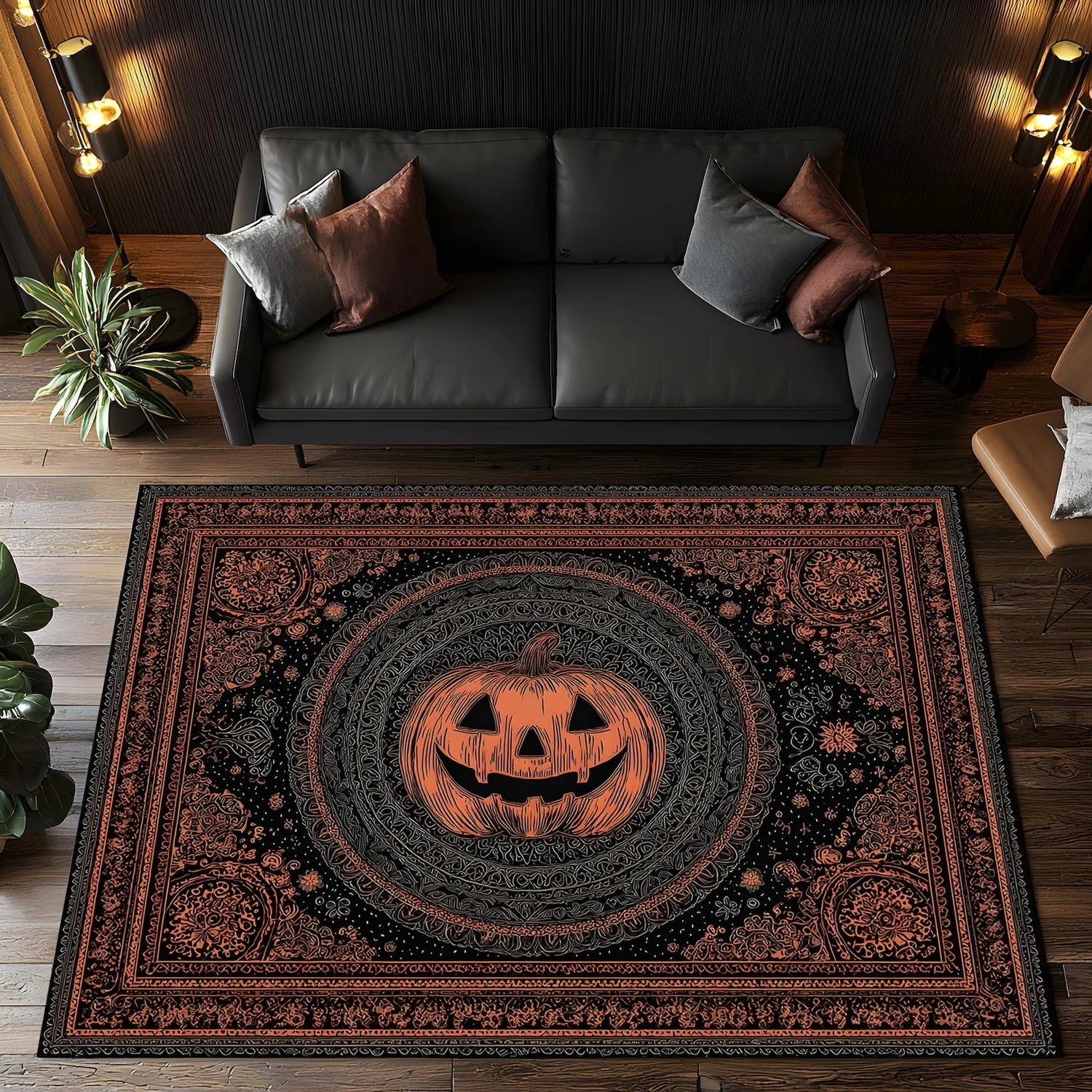 Halloween Pumpkin Rug, Gothic Jack-O'-Lantern Rug, Spooky Autumn Decor, Deep Orange-Black Floor Art, Haunted Home Decor.