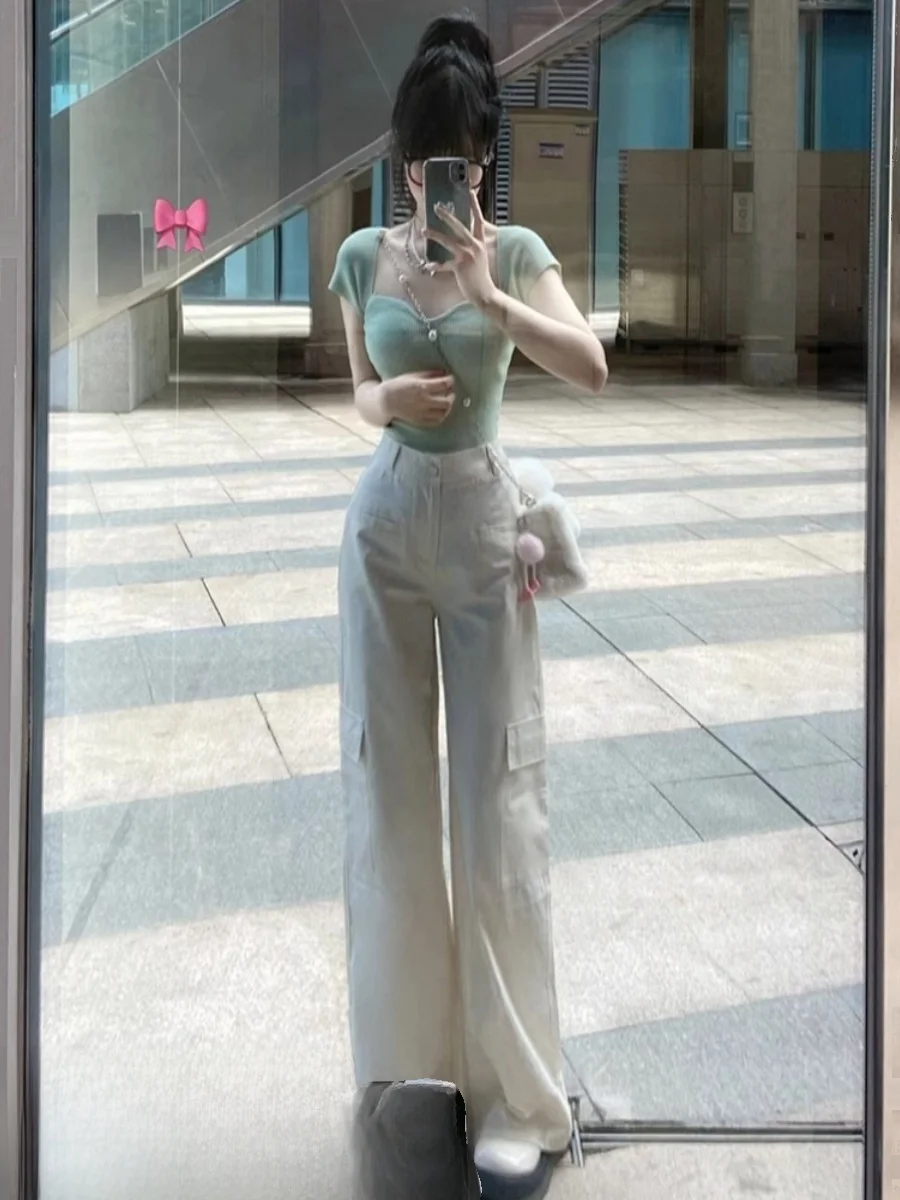 Slim Fit Short Sleeve Knitted Top Women's Summer New Style Mint Wave Square Collar Shoulder Width Regular Length Korean Style