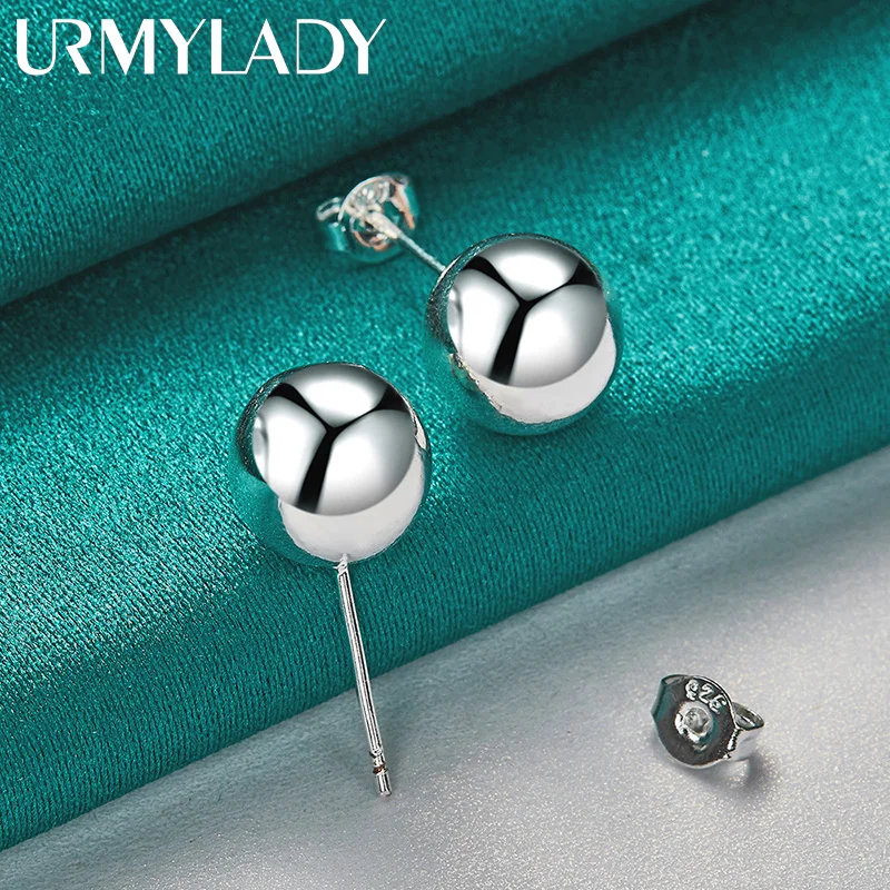 URMYLADY 925 Sterling Silver 8MM Bead Stud Earrings For Women Fashion Wedding Engagement Charm Jewelry
