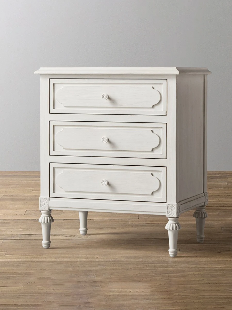 French village solid wood nightstand children's room three cabinets drawers lockers bedside cabinets retro white American style