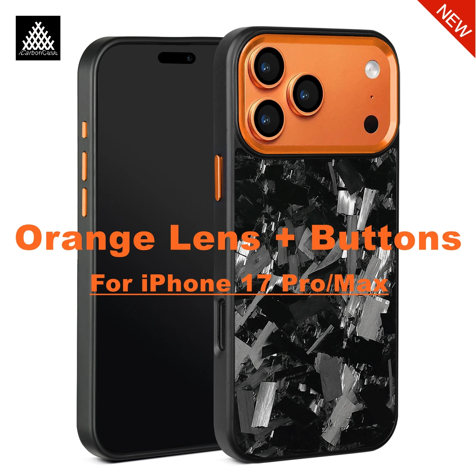 

with Orange Metal Camera Lens Frame + Buttons For iPhone 17 Pro Max 17Pro Magnetic Real Glossy Forged Carbon Fiber Magsafe Case