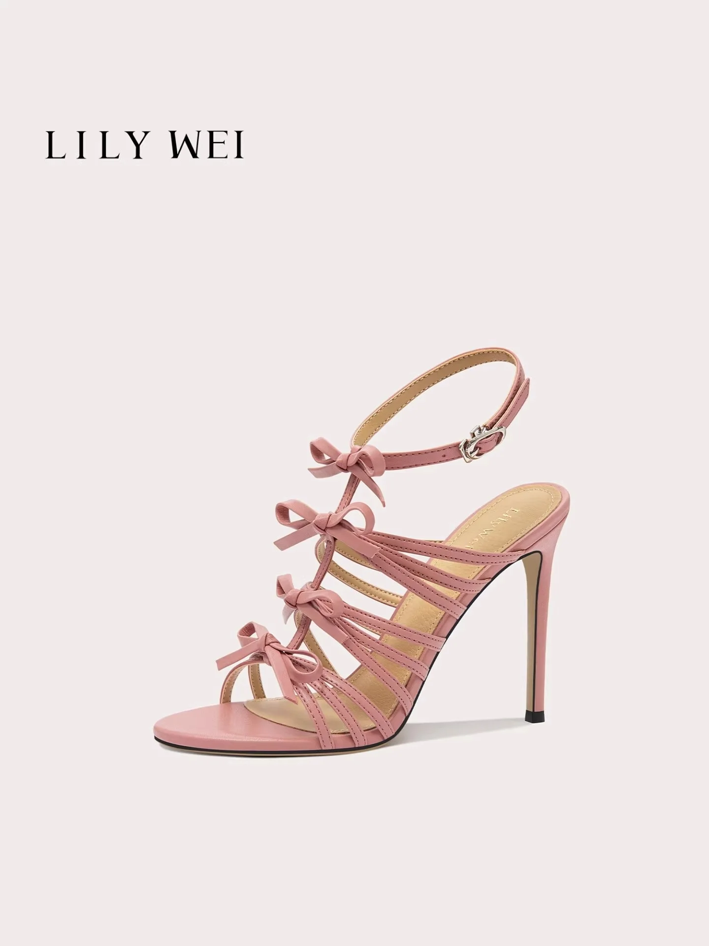 Stiletto high heels summer new round toe open toe ribbon bow sandals banquet dress large size small size low-heeled women sandal