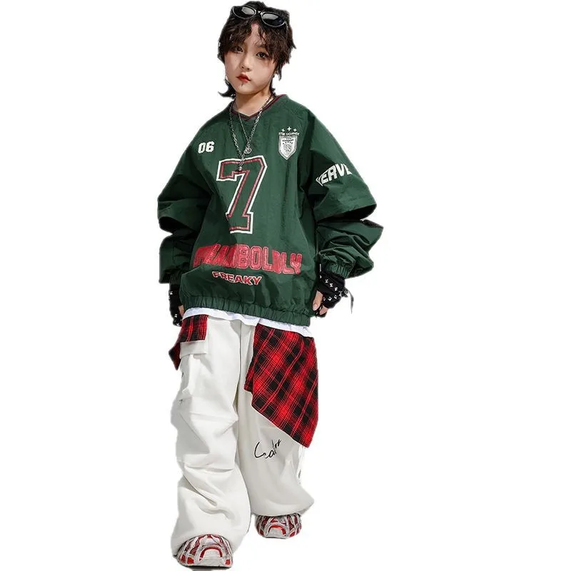 

Kid Hip Hop Clothing Green V Neck Elastic Hem Sweatshirt White Casual Wide Cargo Pants for Girl Boy Jazz Dance Costumes Clothes