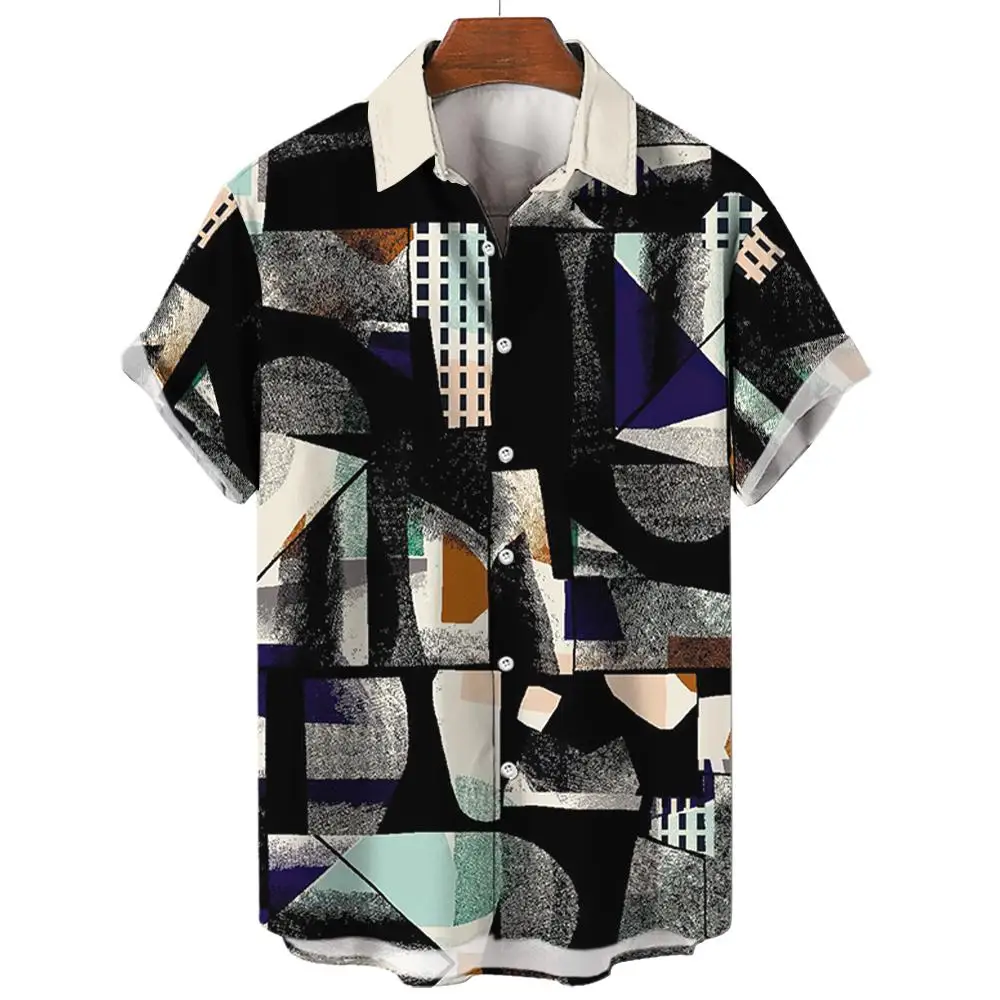 Men\'s Shirts 3D Print Art Block Graphics Fashion Button Short Sleeve Lapel Streetwear Hawaiian Blouse shirts for men Summer