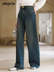 MISHOW American Retro Wide Leg Jeans Spring High Waist Slim Cotton Elastic Denim Straight Trouser Hem Tassels Pants MXD12K0538