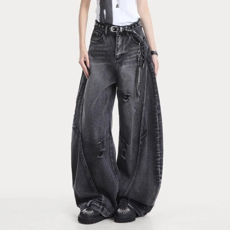 

Эстетический стиль Harajuku Wash Solid Jeans Y2k Шикарные повседневные джинсовые брюки с карманами Полная длина Винтажные свободные брюки на пуговицах со средней талией