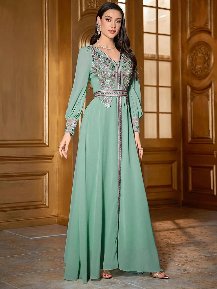 TOLEEN-Damen-Kleid im marokkanischen Stil mit Blumenstickerei, Patchwork-Jacquard-Gürtel, luxuriöser, eleganter Kaftan, Jalabiya Eid-Kleider, 2024