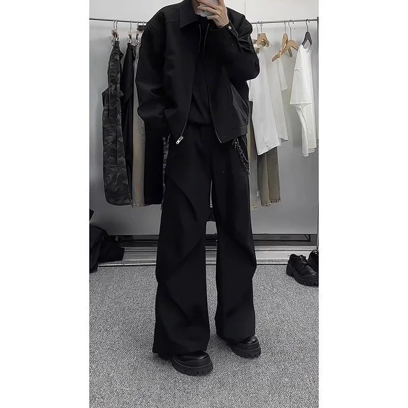 ARENS الذكور السراويل سبليت مطوي الماس على شكل فضفاض عادية واسعة الساق بنطلون واسعة الساق ثلاثي الأبعاد ملابس رجالية الصيف