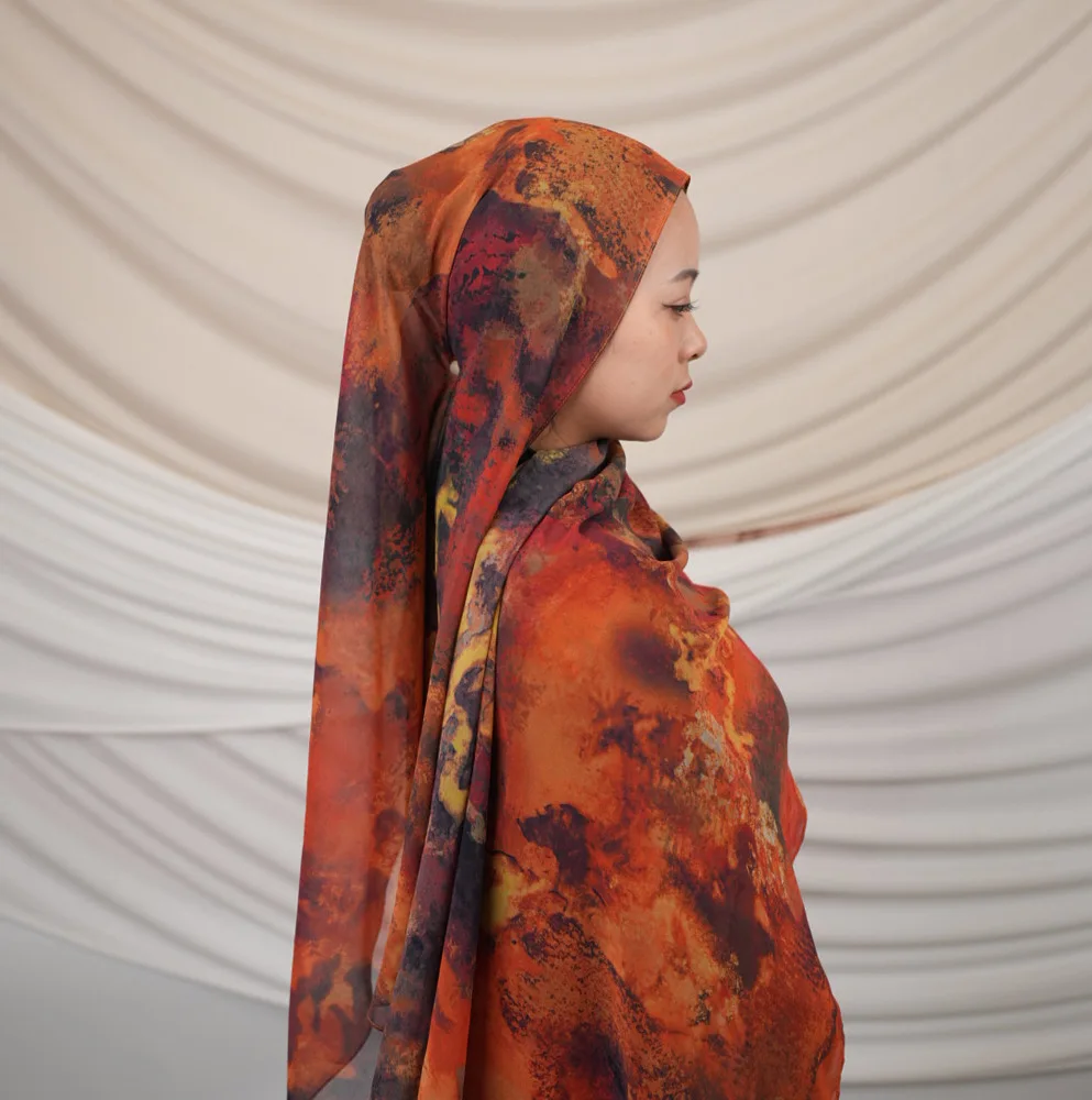 Pañuelo musulmán teñido anudado de gasa sedosa con estampado de penetración de doble cara de seda simulada para Europa, América, Sudeste Asiático