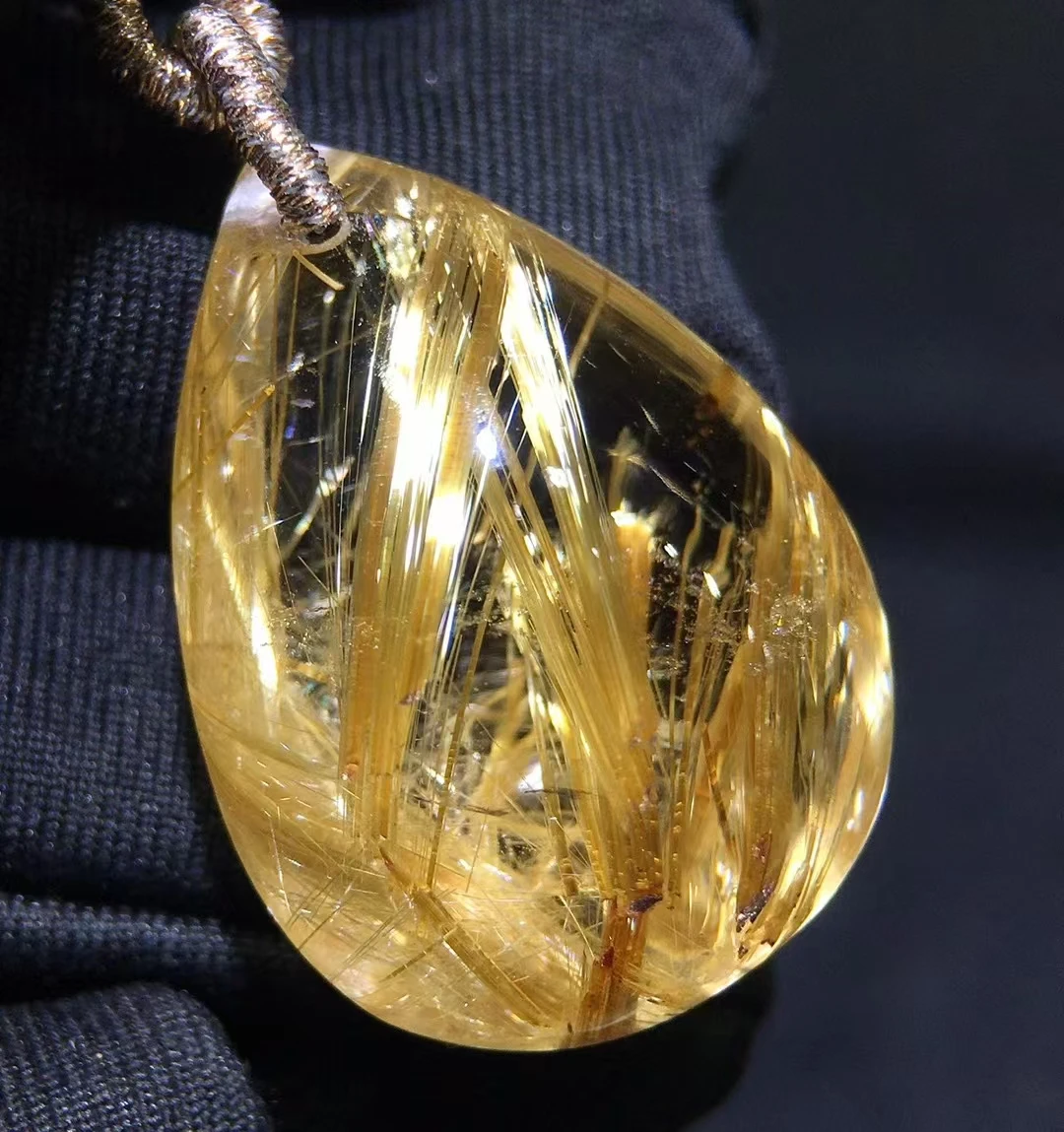 

Natural Gold Rutilated Quartz Pendant Necklace Jewelry 25.8/19/12.4mm Water Drop Yellow Rutilated Women Men AAAAAAA