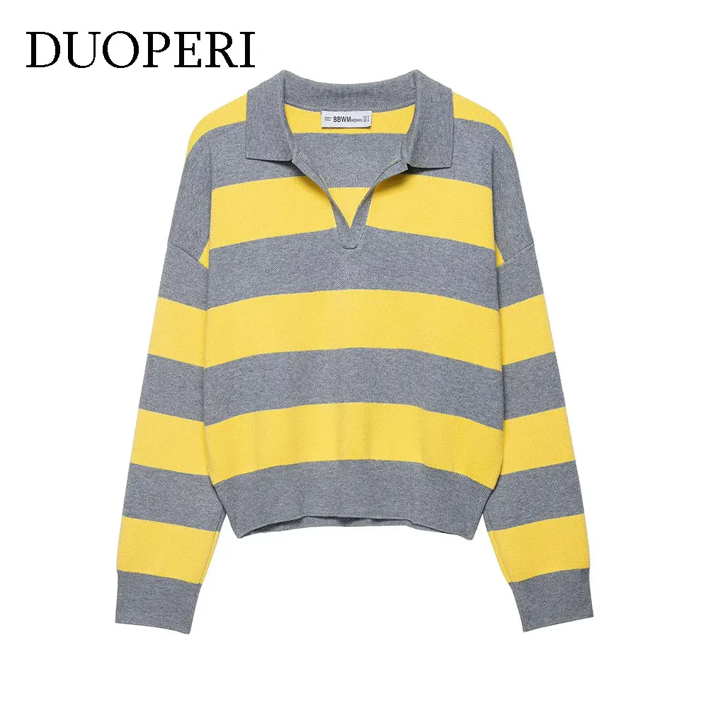 

DUOPERI Women Fashion Striped Knitted Pullover Sweater Vintage Lapel Neck Full Sleeves Female Elegance Chic Lady Tops
