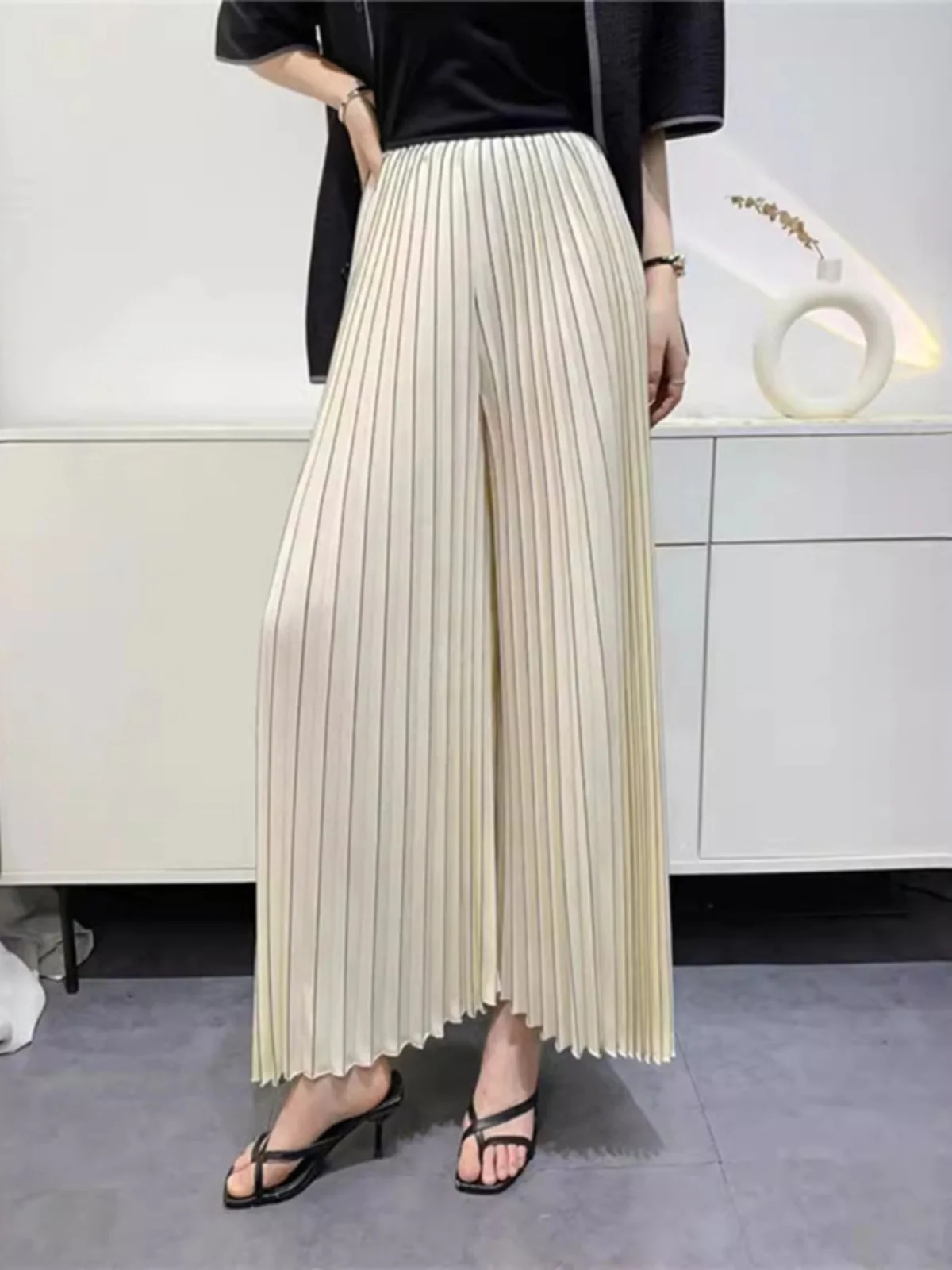 

Женские брюки с высокой талией и широкими штанинами, в полоску, свободного кроя, струящиеся, стройнящие, весенне-осенние, в стиле Three Houses, повседневные