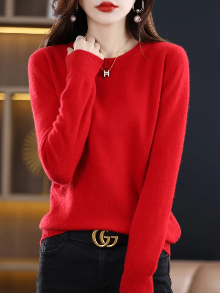 100% Merino Wool Sweater Women  Cashmere Pullover Knitwear Autumn Winter O-neck Solid Color Fashion Basic Female Clothes Tops