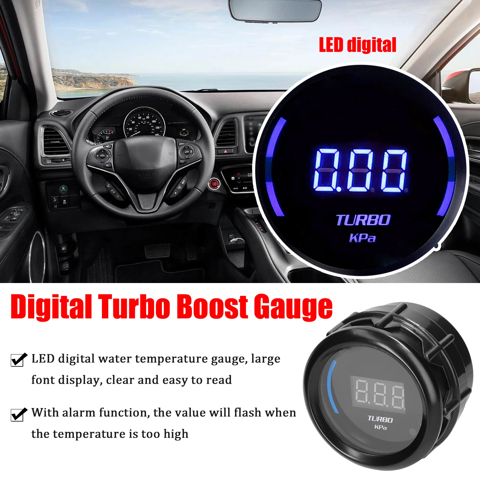 52mm Boost Gauge Car Digital Meter LED Display 1.0-2.0kPa with Sensor Alarm Function for Car Truck Motorcycle Boost Gauge