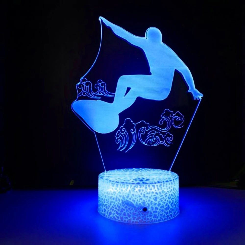 Surfer Wave 3D Illusion LED Night Light Acrylic Bedside Table Lamp Bedroom Decoration Birthday Christmas Gift for Kids Boys Man