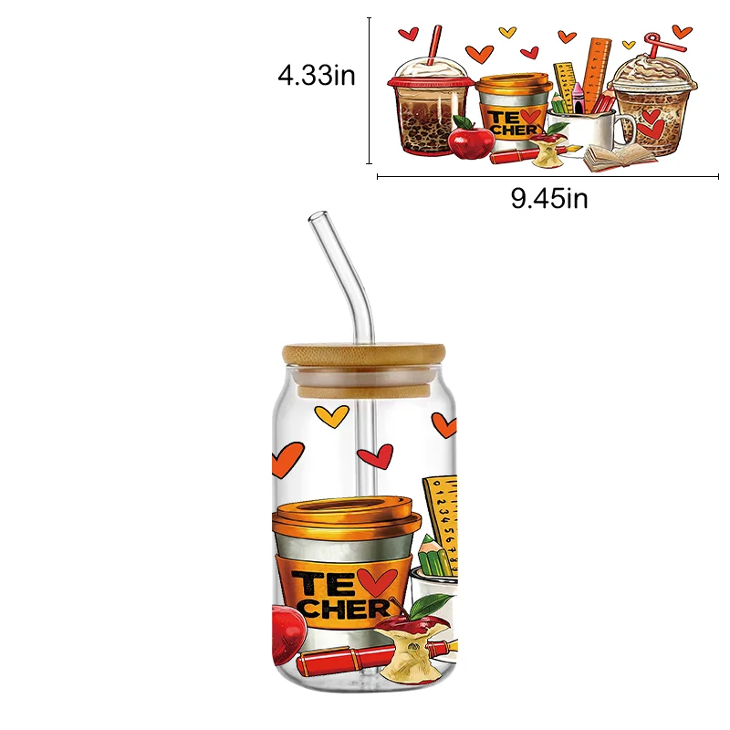 موضوع يوم المعلم UV DTF كأس التفاف ل 16 أوقية كأس التفاف نقل ملصق تسمية مخصصة شعار DIY ذاتية اللصق