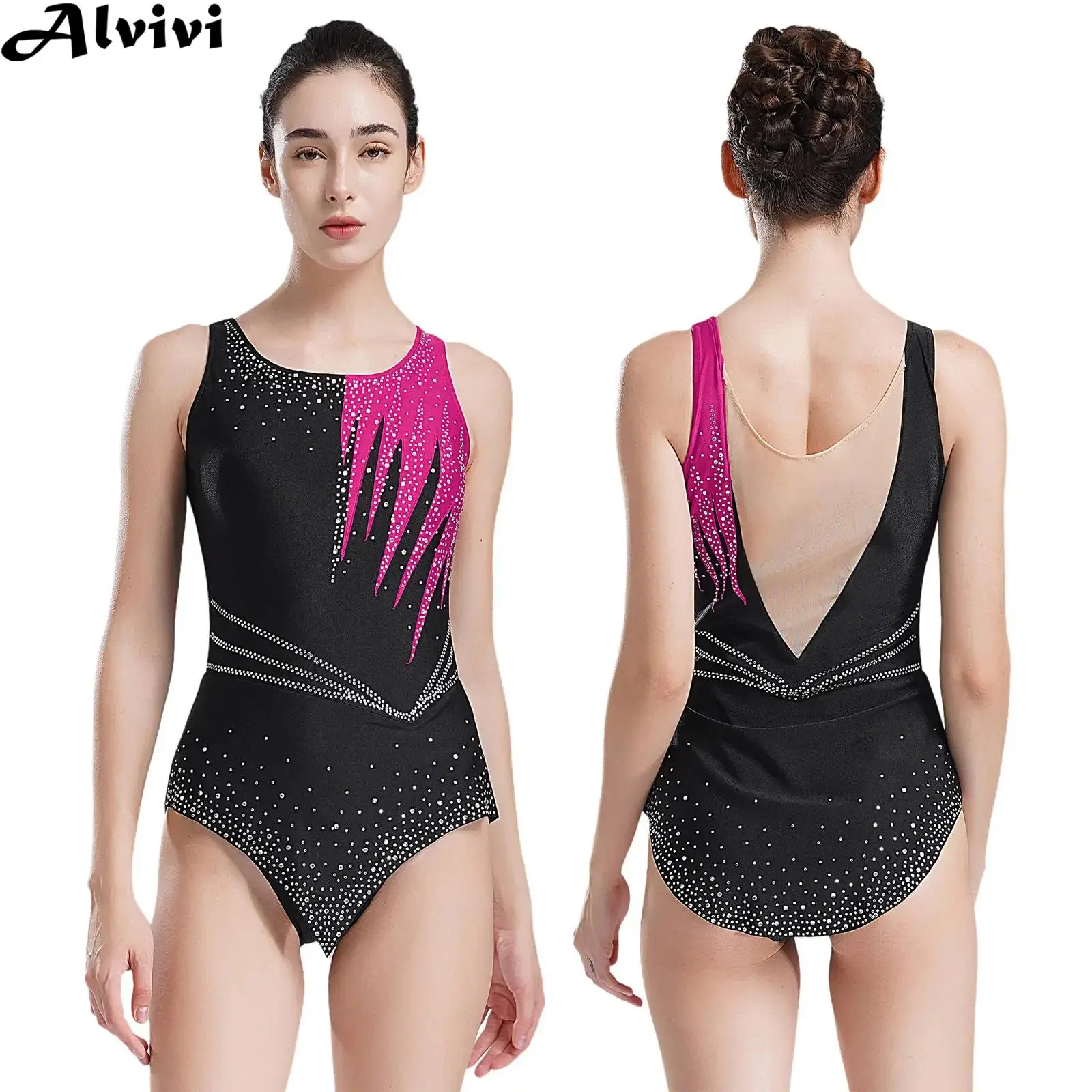 

Women Sleeveless Rhythmic Gymnastics Bodysuit Shiny Rhinestone Mesh Ballet Dance Figure Skating Acrobatics Leotard Dancewear