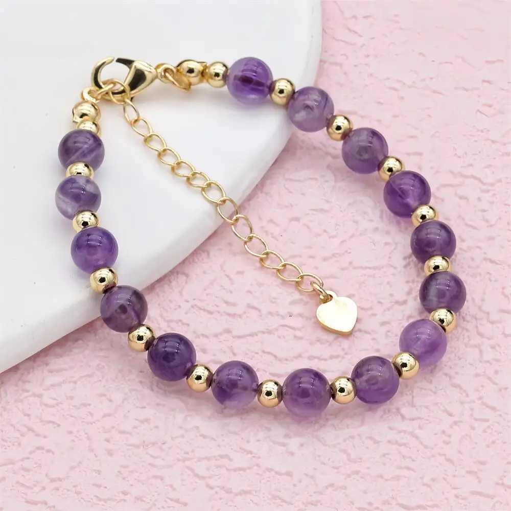 6MM Natural Amethyst Gold Plated Beaded Dainty Chain Strand Bracelet Handmade Women Pulseira Fashion Jewelry Gift