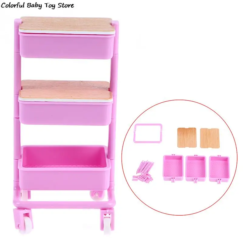 1Set 1:12  Dollhouse Miniature Trolley Dining Cart with Wheels Storage Display Shelf Bookshelf Furniture Model Decor Toy