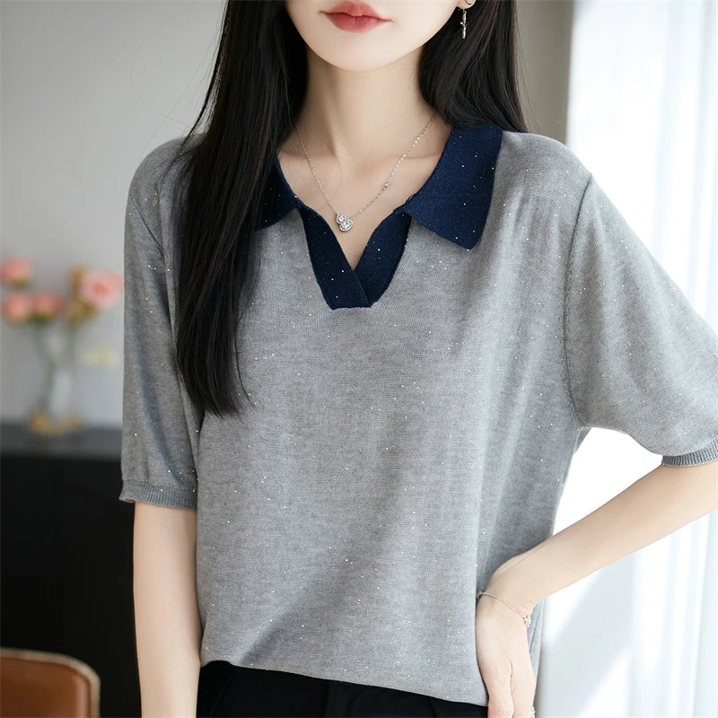 Summer new women's Lyocell short sleeve polo collar knitted T-shirt women color blocked pullover T-shirt fashionable hot selling