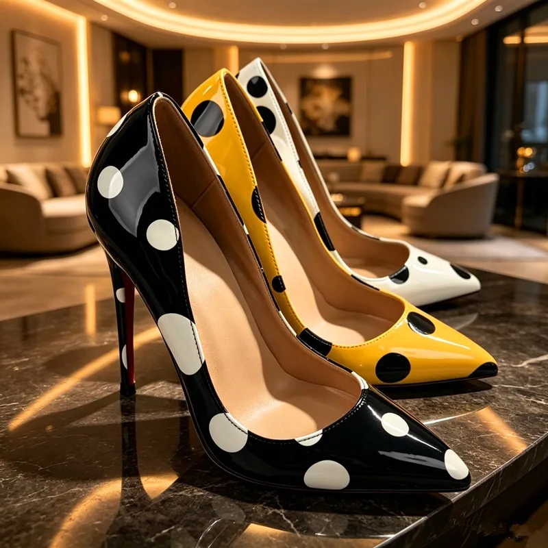 Black and White Polka Dot Pointed High Heels, Women's Patent Leather Fine Order Shoes, sexy French Style Commuting Women's Shoes