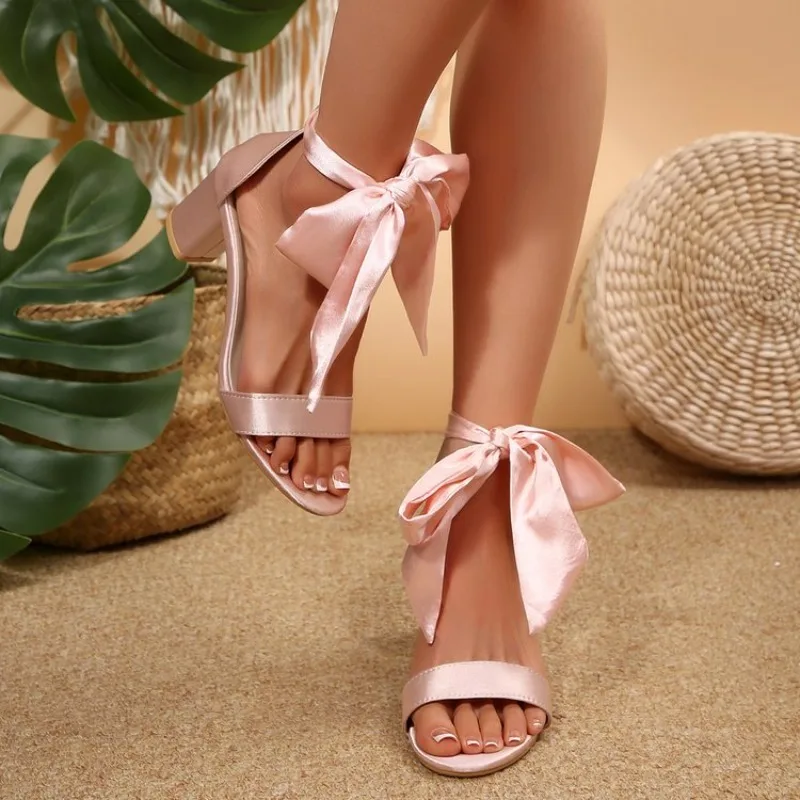 Elegante Riemchen-Sandalen mit Schleife für Damen, Sommer Nude-Riemen Sandalen mit Dickem Hohem Absatz, Hochzeits- und Partyschuhe – Detail 11