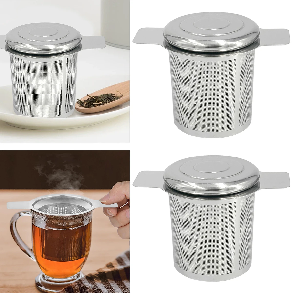 

2 PcsHighQualityTea Infuser with Lid Stainless Steel Filter Double Handle Leaf Strainer Teapot Beverages Hanging Drinkware Tools