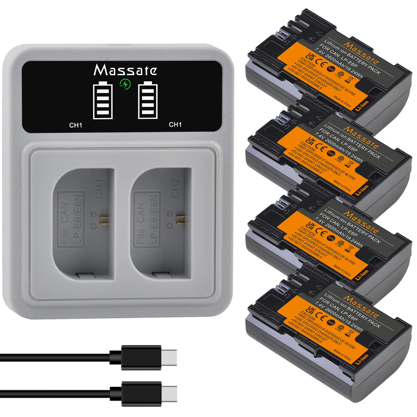 

MASSATA 7.4V 2600mAh LP-E6P LP E6P Replacement Battery +Dual USB Charger for Canon EOS R5 R6 R7 R8 R10 R50 Mark II R5C 80D 90D