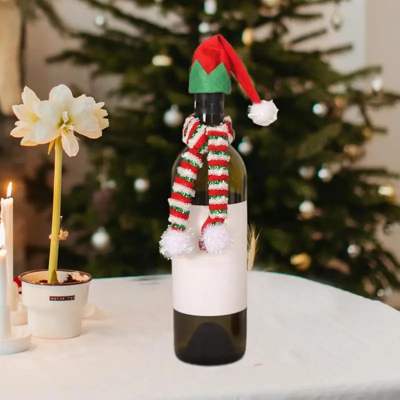 Wine Bottle Cover Crismistmas Decor Santa Scarf and Hat Christmas Cup Bottles Xmas Wine Bottles Head Hats for Home Hotel Bar