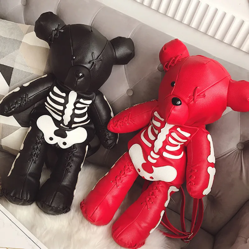 62cm Skeleton Bear Female Backpack Designer Casual Personality Skull Stitches Backpack Doll Cute Red Black Bears School Bag