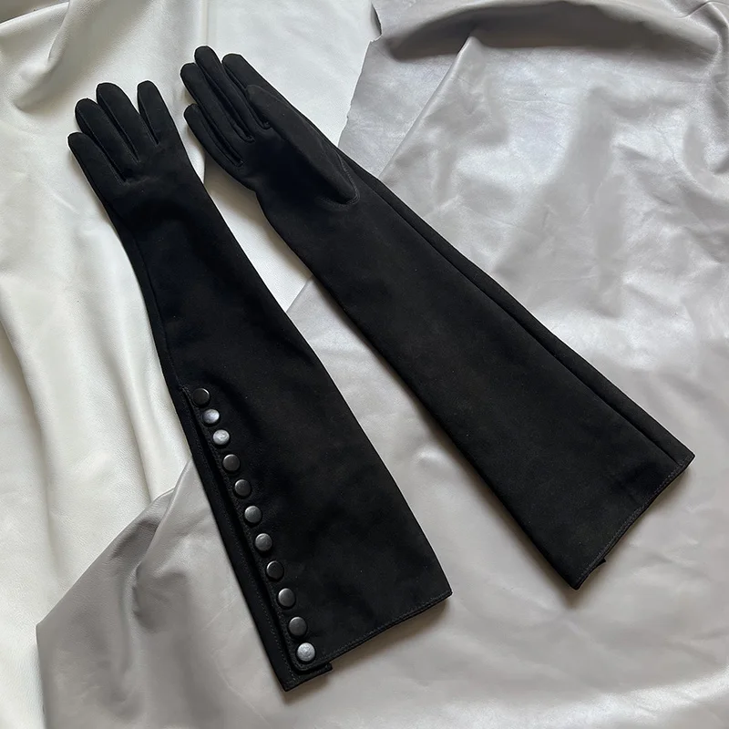 Suede Leather Long Gloves Men's Black Sheepskin Multi-button Gloves Women's Large Size Gloves Arm Foldable Gloves