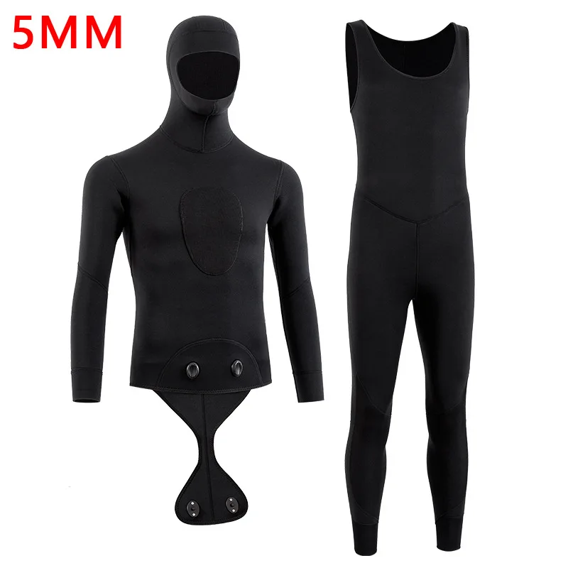 Camo Spearfishing Wetsuits for Men Women, 5mm Neoprene Top+Pants Two Pieces Set Hooded Super Stretch Scuba Diving Suit