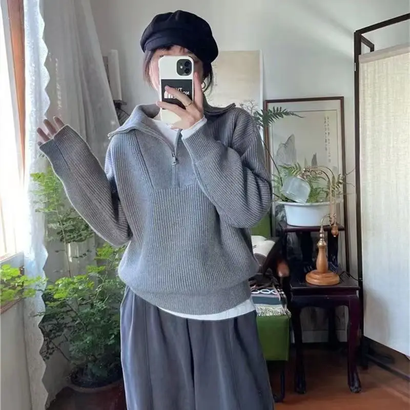 

Autumn Winter New Arrival Korean Version Loose Women's Knitted Sweater Half Zipper Stand Collar Lazy Style Casual Knitwear