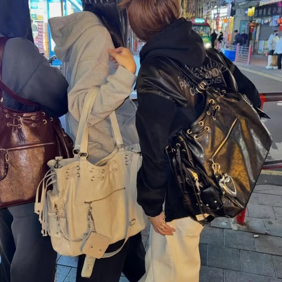 FIRMRANCH Niche Trendy Brand Large Capacity Rivet Drawstring Design Motorcycle Bag Trendy Female Shoulder Crossbody Purse Tote