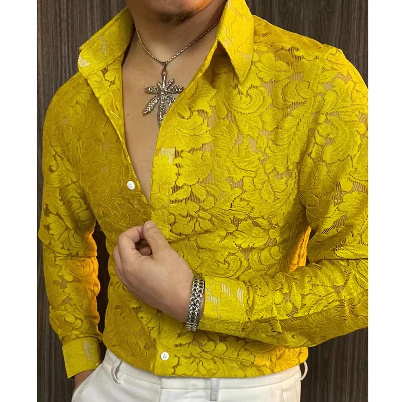Heren slim fit overhemd lente transparant shirt met lange mouwen heren nachtclub sexy casual sociaal feestoverhemd - afbeelding 1