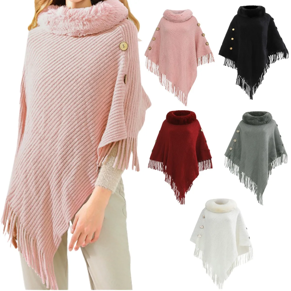 Autumn and Winter Plush Knitted Cloak Women's Retro Button Tassel Shawl Thickened Warm Outdoor Windproof Shawl
