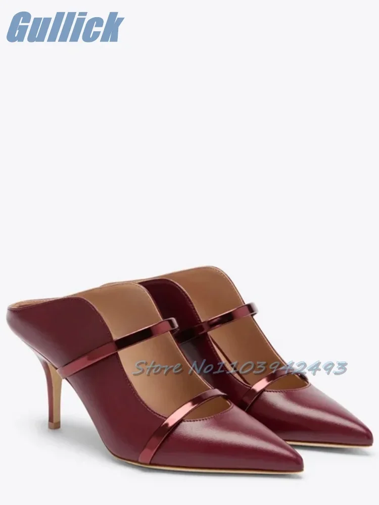 

Classic Wine Red Sandals Strappy Pointed Toe Patchwork Pull On Mules Solid Slip On Slides Shallow Women Summer Dress Party Shoes