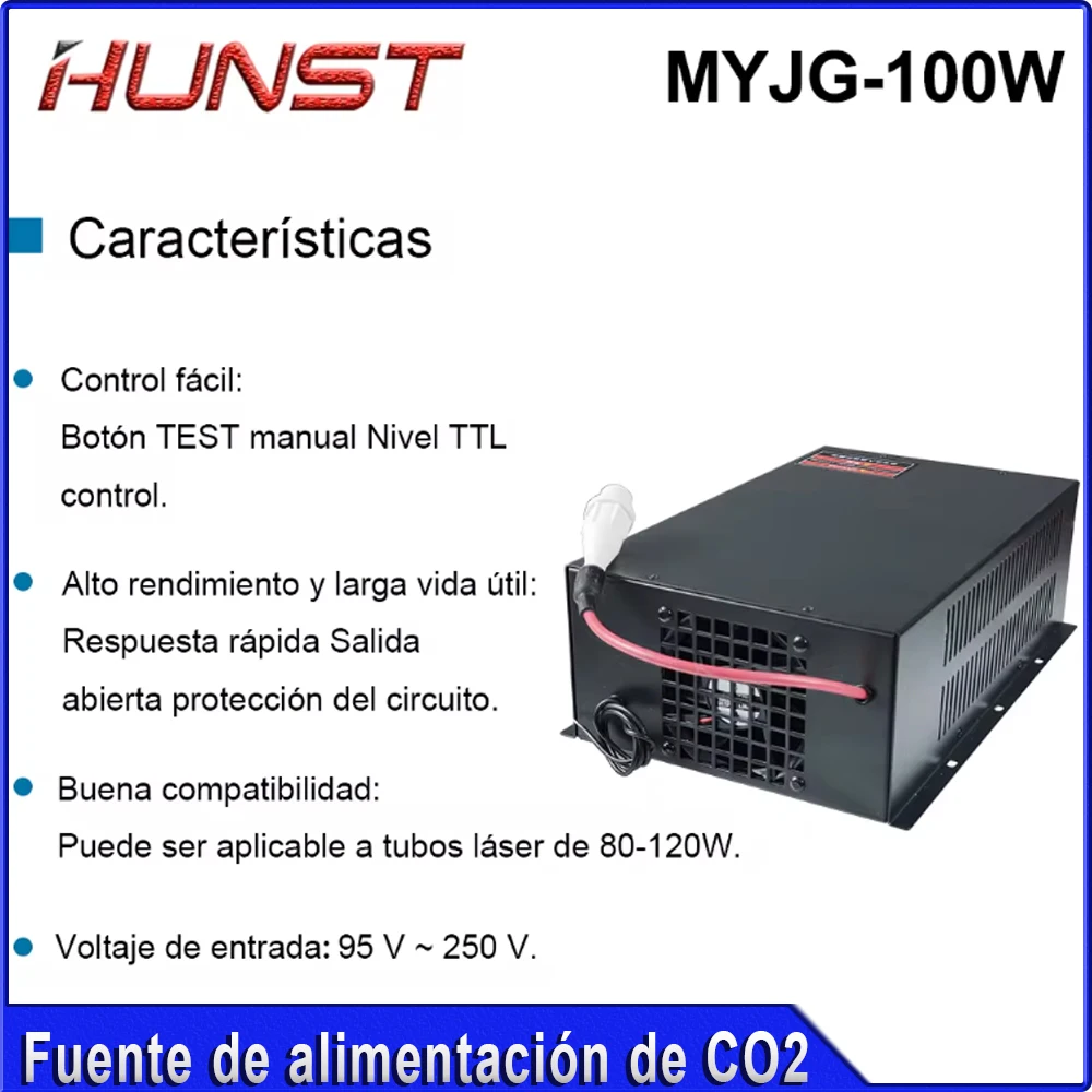 مصدر طاقة ليزر HUNST CO2 MYJG 100W يدعم الجهد 95 ~ 250 فولت ويستخدم لآلات النقش والقطع بالليزر 80-100 وات.