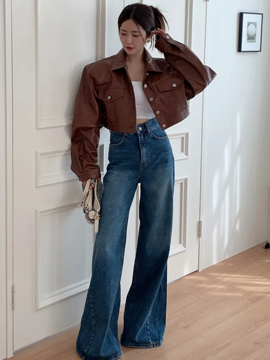 Jaet de cuero PU mate para mujer, solapa Vintage, suelto, un solo botón, versátil, doble ket Jaet Top